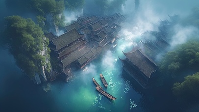 晨雾中的江面木船