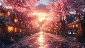 夕阳樱花街道