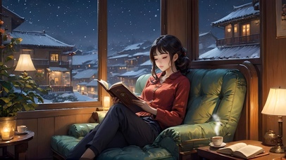 冬夜窗边看书女孩