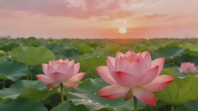 夏日黄昏的荷花田