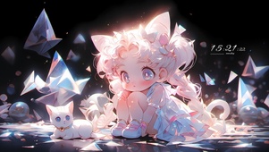 呆萌可爱女孩和猫