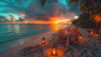 唯美日落烛光沙滩烛光晚餐