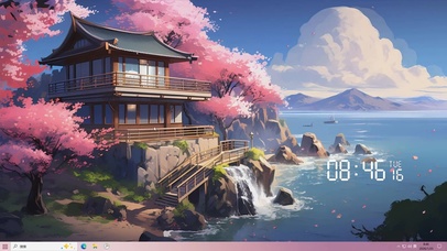 古风樱花树木房屋海景主题