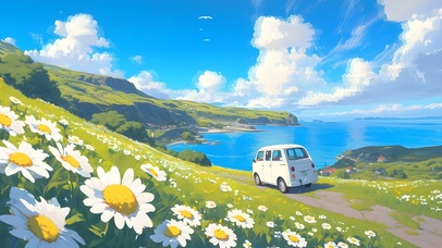 海边雏菊花海小汽车