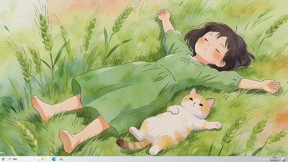 女孩与可爱萌宠躺在草桌面主题