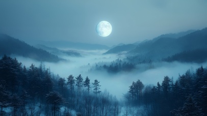 月光下的迷雾山林