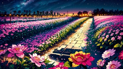 夜晚开满鲜花的小路