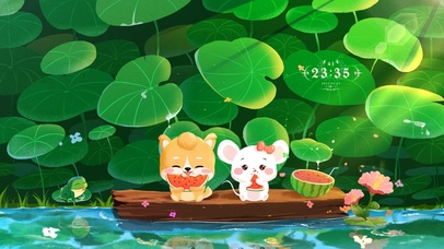 4k 夏日荷花池吃西瓜的小可爱