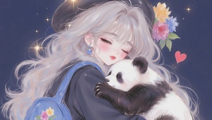 抱熊猫的少女