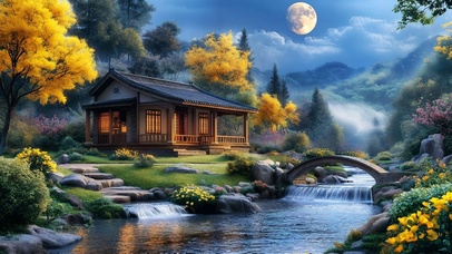 治愈护眼夜晚溪水房屋