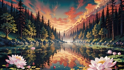 傍晚晚霞湖边荷花