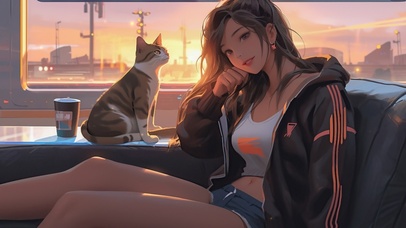火车上少女与猫咪