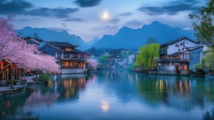 江南桃花水乡夜