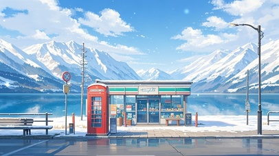 雪山湖泊下的便利店
