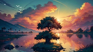 傍晚湖中的树