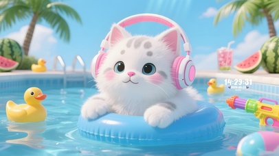 泳池猫咪听音乐