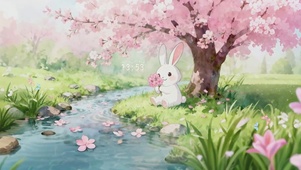 樱花溪流可爱兔