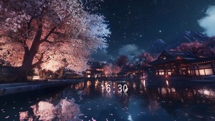 4K唯美夜晚湖畔樱花树