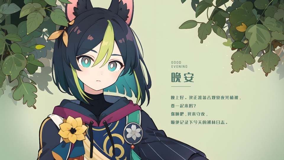 原神角色提纳里半身置于浅豆绿色画面中，角色穿青绿色立领服饰、内搭藏蓝色衣物，左右两侧有绿植叶片装饰，右侧配有晚安问候手写文字，右上方天空有细碎光点。