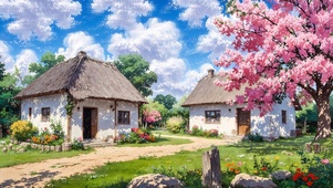 蓝天白云茅草屋