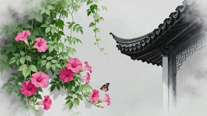 粉牵绕檐，蝶伴云闲