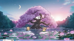 樱花荷塘线条小狗主题
