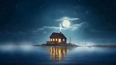 唯美安静月夜湖心岛屋