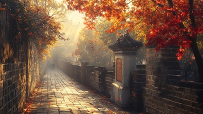 秋日红叶古城墙