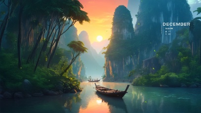 夕阳山野河道小舟