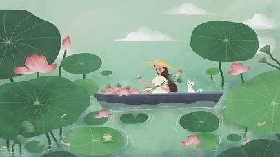 夏天荷塘采莲少女