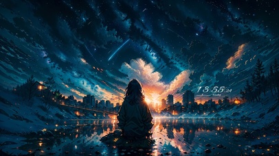 湖畔旁晚霞少女