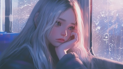 下雨天发呆的女孩