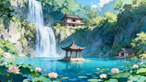 瀑布下的湖心亭