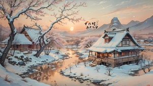 夕阳雪景小镇