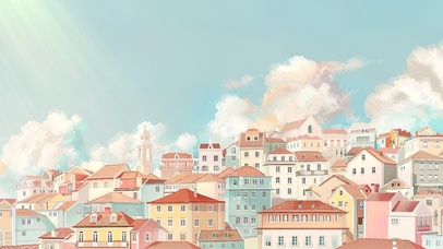 清新彩色小镇的午后