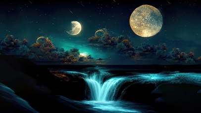 4K唯美治愈梦幻月光海景瀑布