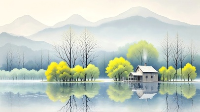 春天湖边小屋