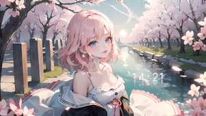 湖畔樱花可爱少女