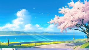 4K唯美樱花公路海景主题