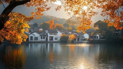 秋日水乡唯美倒影