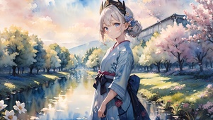 池塘樱花少女
