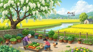 儿时春天槐花树小院