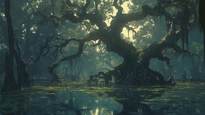 静谧扭曲树木沼泽