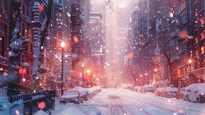 雪中的城市黄昏