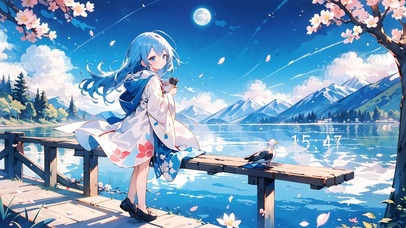 治愈湖边樱花女孩