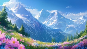 4k白色雪山花海