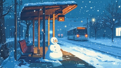 冬夜雪中站台