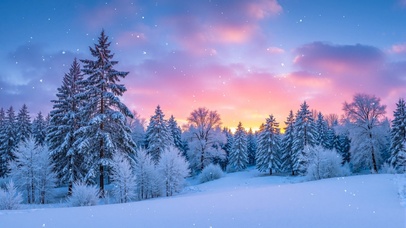 唯美晚霞松林雪景