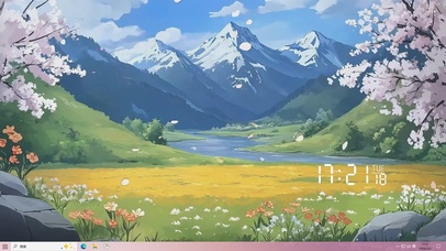 蓝天白云樱花树木河流桌面主题