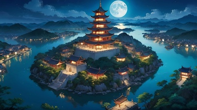 夜晚湖边古风小镇